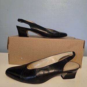 Etienne Aigner Classic Black Leather Slingback Low Heel Pumps Size 8.5